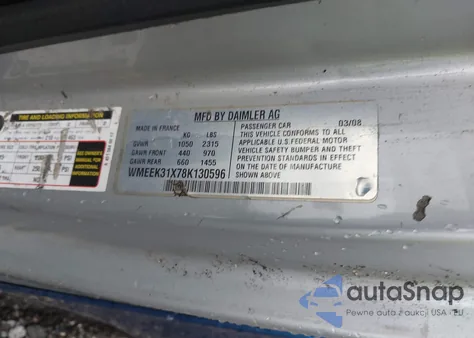 2008 Smart Fortwo Passion z USA, uszkodzony, nr VIN WMEEK31X78K130596